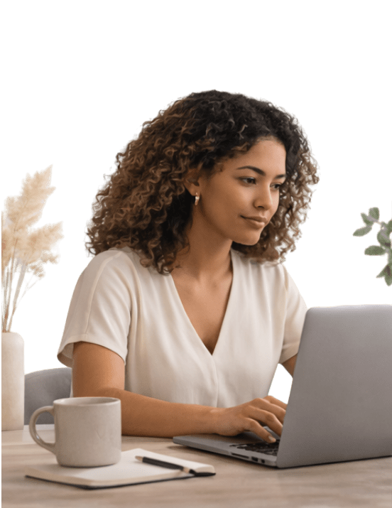 A professional seated at a desk logging into a virtual Workday Exhale session during lunch for workplace stress relief and midday reset in Georgia (30080, 30135, 30044, 30263).